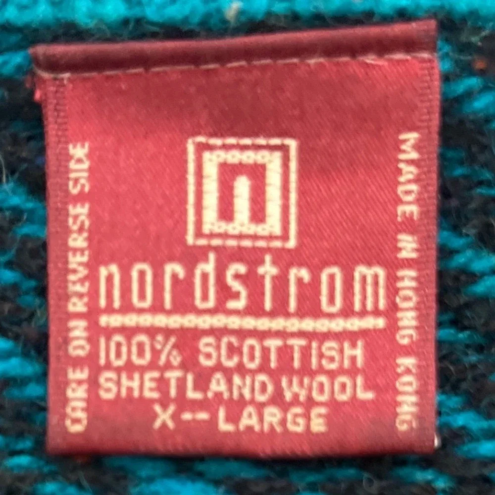 Vintage Nordstrom Scottish Shetland Wool Knit Sweater XL Teal Herringbone‎ Retro